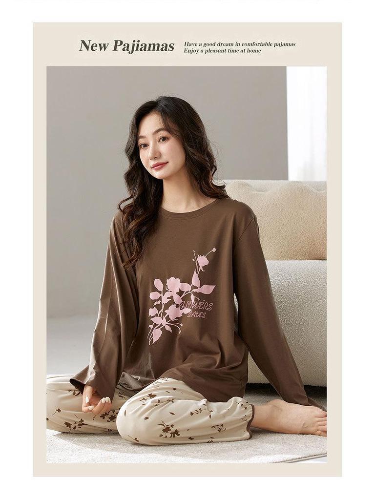 Women's Long Sleeve, Long Pants Pajama Set - Round Neck, Lycra Cotton, Lightweight, Simple Style, Autumn Homewear, Two-Piece Set