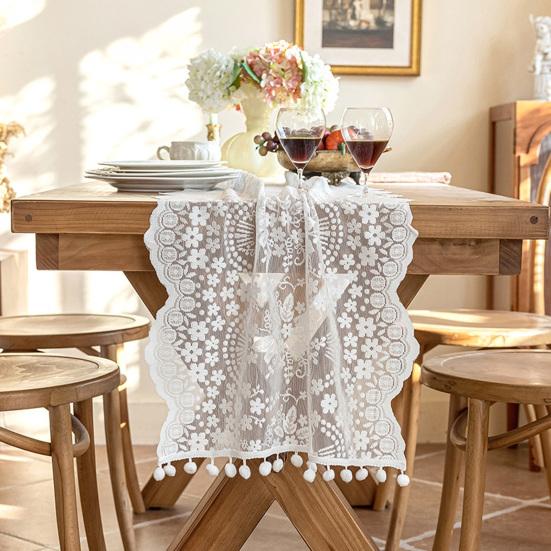 French Lace Table Runner Hollow Tassel Fringe Placemat Elegant Decorative Tablecloth Romantic Wedding Party Dining Table Dresser Buffet Decor