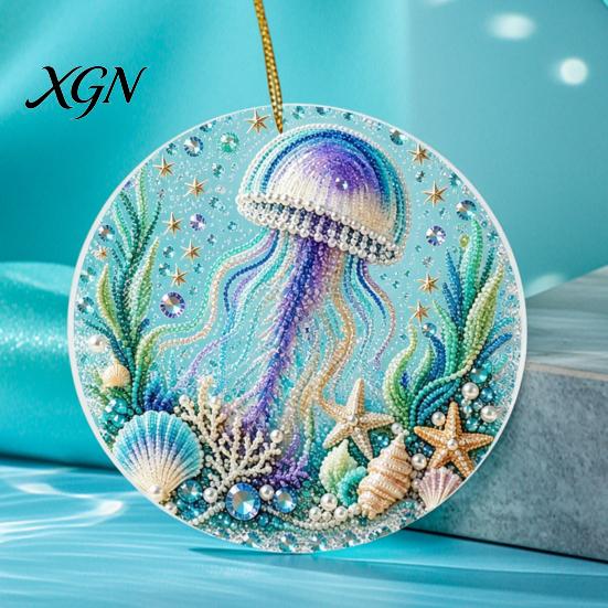 Durable Acrylic Coastal Decor Ocean Theme Pearl Art Hanging Ornament, 2D Flat Wall Sea Life Suncatcher, Beaded Pattern Window Decoration Souvenir