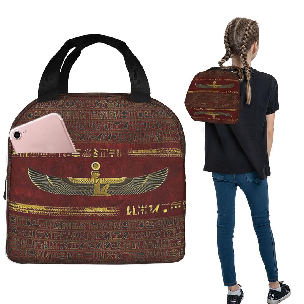 Golden Egyptian God Ornament On Red Leather Insulated Lunch Bag for Women Kids Portable Food Boxes Thermal Lunch Box Tote