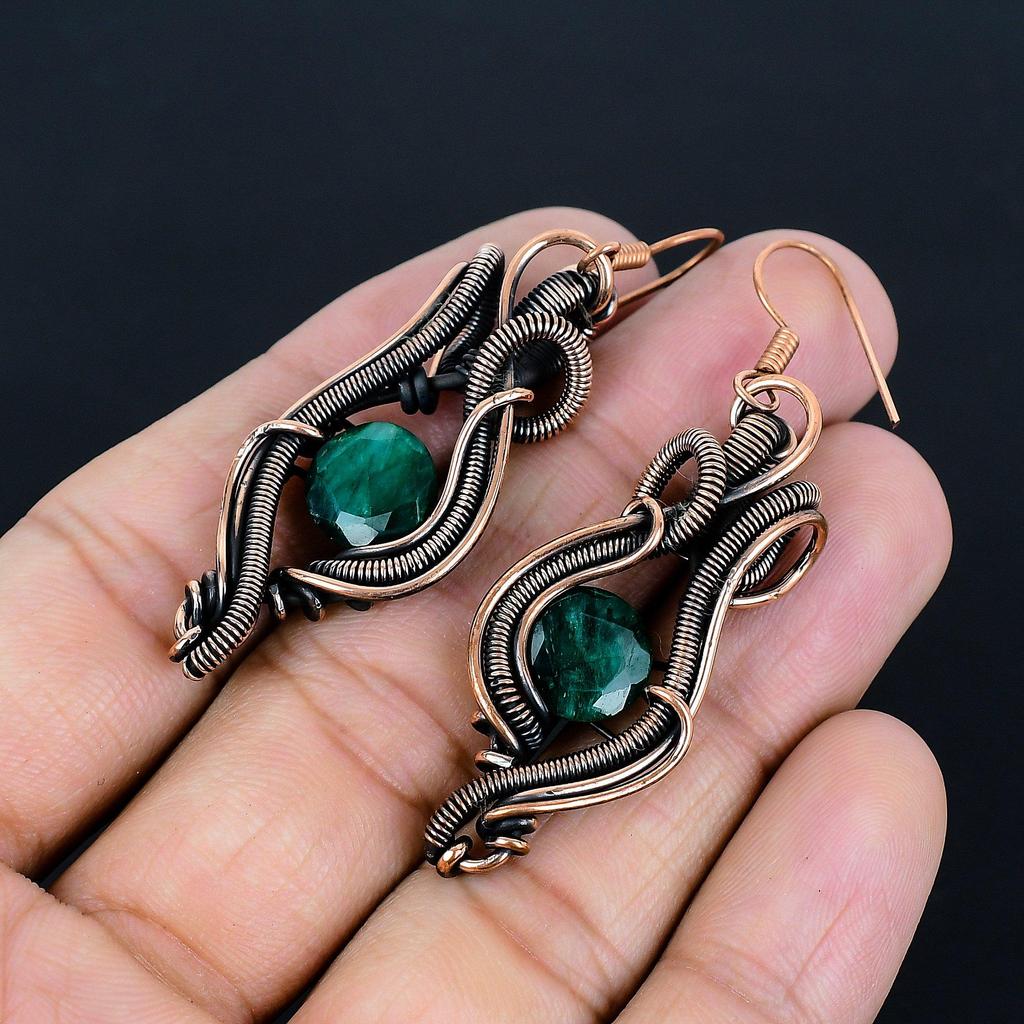 Emerald 999 Copper Wire Wrapped Earrings, Handmade Gemstone Earrings Jewelry, Gifts For Wife Brand New Earrings