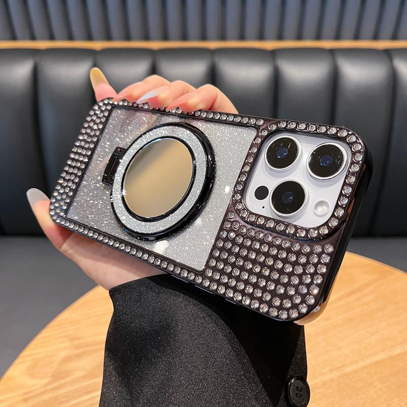 Applicable To Apple 16 ProMax Diamond inlaid Flash Powder Mirror Bracket Mobile Phone Case Magnetic IPhone 15 Luxury Protective Case