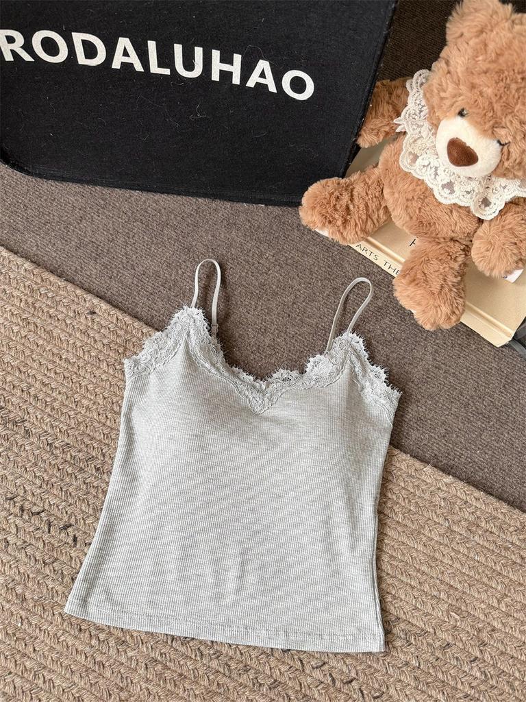 V‑Neck Lace Trim Spaghetti Strap Camisole Slim Fit Tank Top White Gray Black Apricot Coffee Women Coquette Sweet Summer Sleeveless Cami Vest