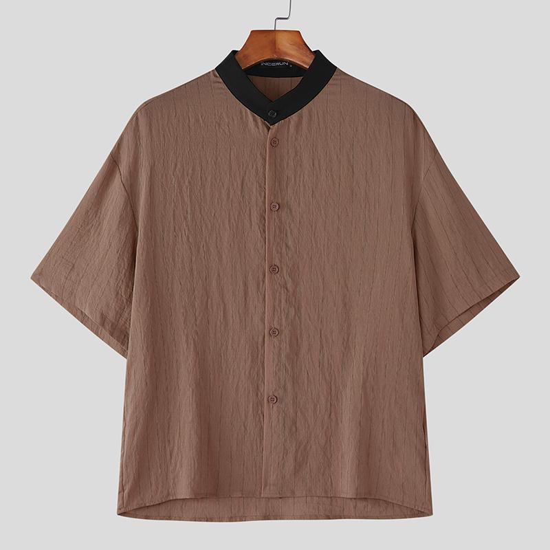 

INCERUN Men Splicing Collarless Short Sleeve Striped Casual Shirts 5XL камео розовый