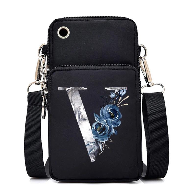 Blue Roses Alphabet Print Small Shoulder Bag 26 Letters Mini Crossbody Phone Bag for Women