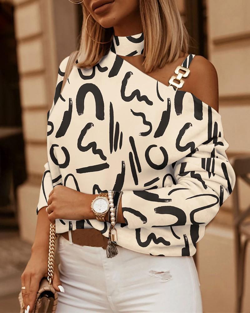 2023 Chain Halterneck Print Long Sleeve Top - Women's Autumn/Winter Collection