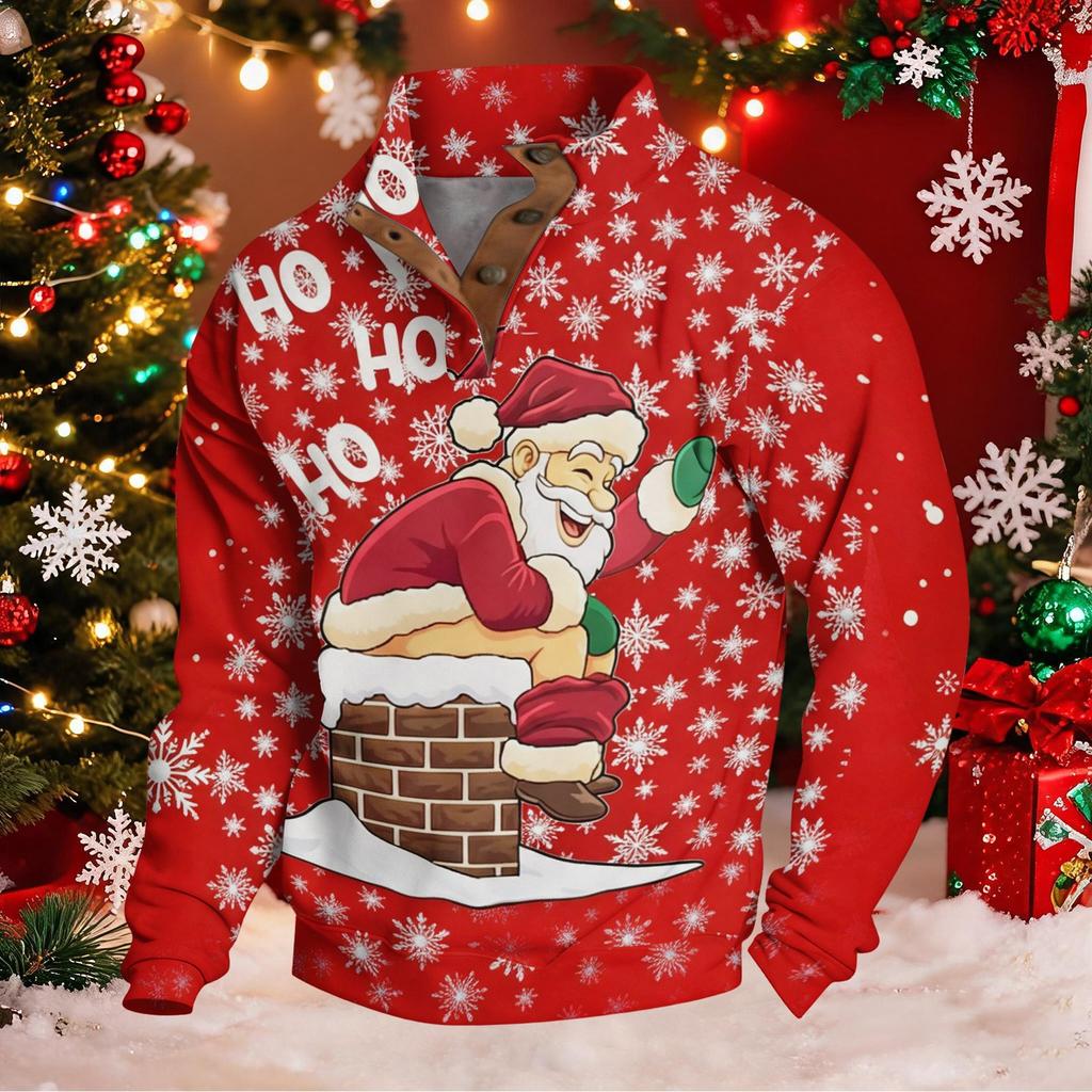 Men's Funny Novelty Christmas Print Button Pullover Hoodie Sweatshirt for Holiday Party
