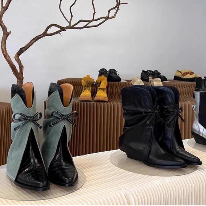 Mode 2024 Herbst/Winter Neue Spitz zulaufende Schleife Western Cowboy Stiefel Europäisch Amerikanische Damen Slipsole Chelsea Mid-calf Rockstiefel