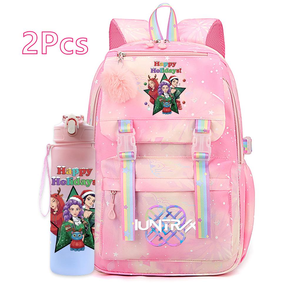 2Pcs/set Christmas K-pop Printed Backpack with 750Ml Water Bottler Large Capacity Travel Bag for Teenager Girl Boy Waterproof Bookbag Kid Gift Rucksak