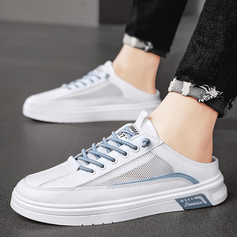 2025 Half Shoes For Men Mules Sandals Flat Summer Backless Loafers Slippers Man Slides Lace Up Mens Semi-Drag Casual Board Shoes