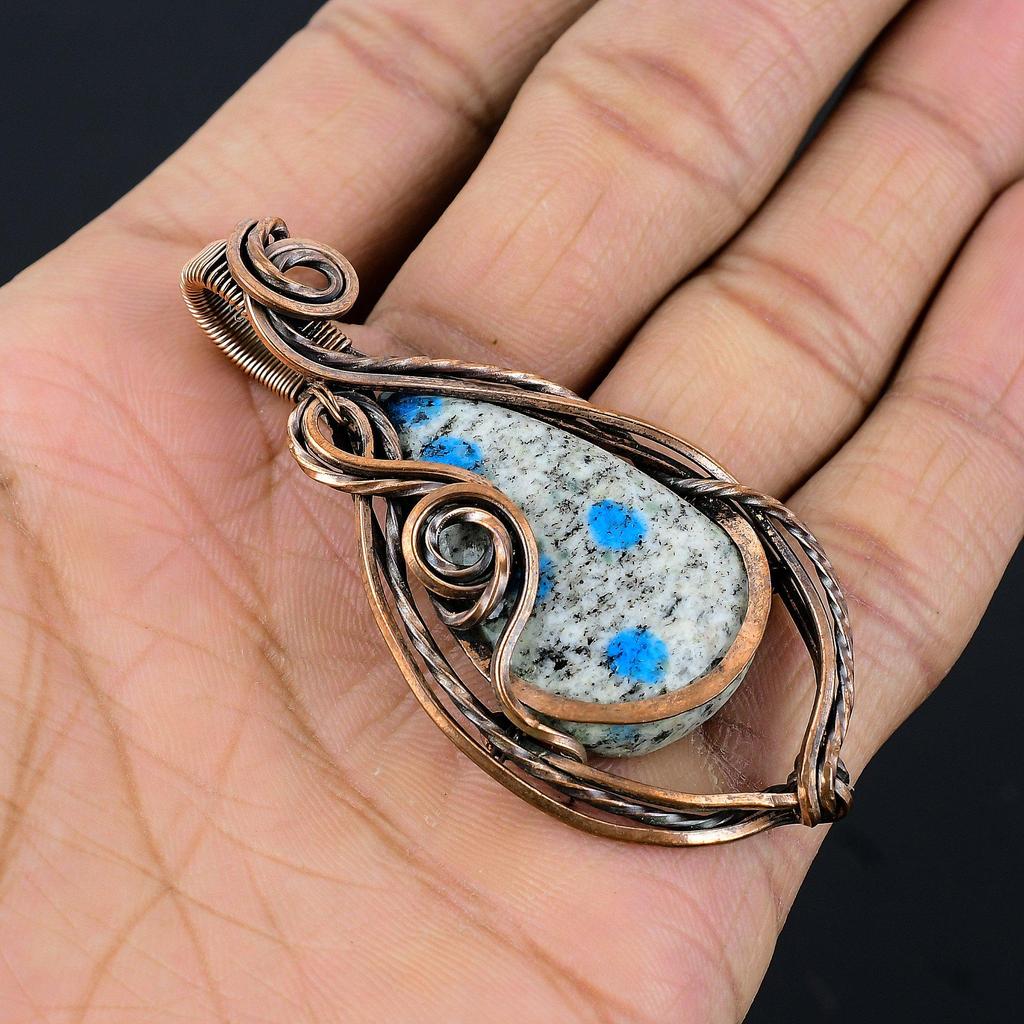 K2 Azurite Pendant Gemstone Jewelry, 999 Copper Wire Wrapped Pendant, Handmade Jewelry Birthstone Pendant, Gift For Him