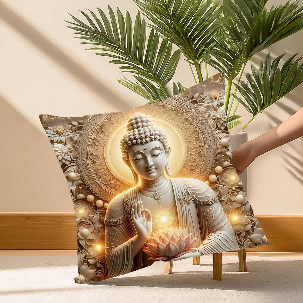 

Buddha Statue And Lotus Pillow Case Soft Plush Fabric Double Sided Print Decorative Home Living Room Gift Cushion Cover 30cm x 30cm