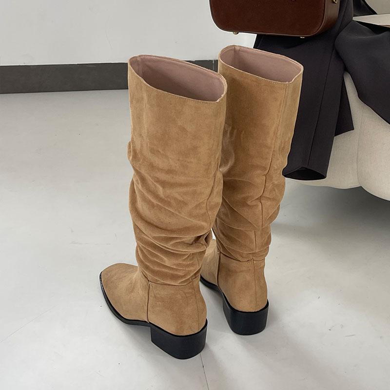 Mode Mode Flock Damen Kniehohe Stiefel Mit Blockabsatz Schuhe Damen Slip On Damen Moderne Lange Stiefel Schuhe Große Größe 43