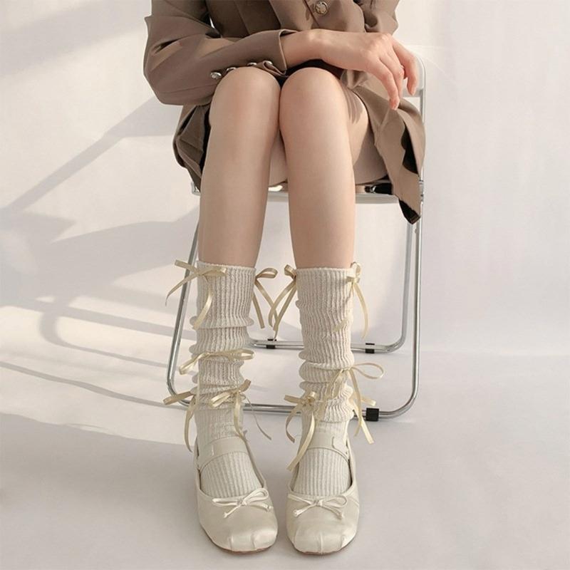 Japanese Style Shimmering Rib Knitted Middle Tube Calf Socks for Women Girls Cute Ribbon Bowknot Long Socks Stockings
