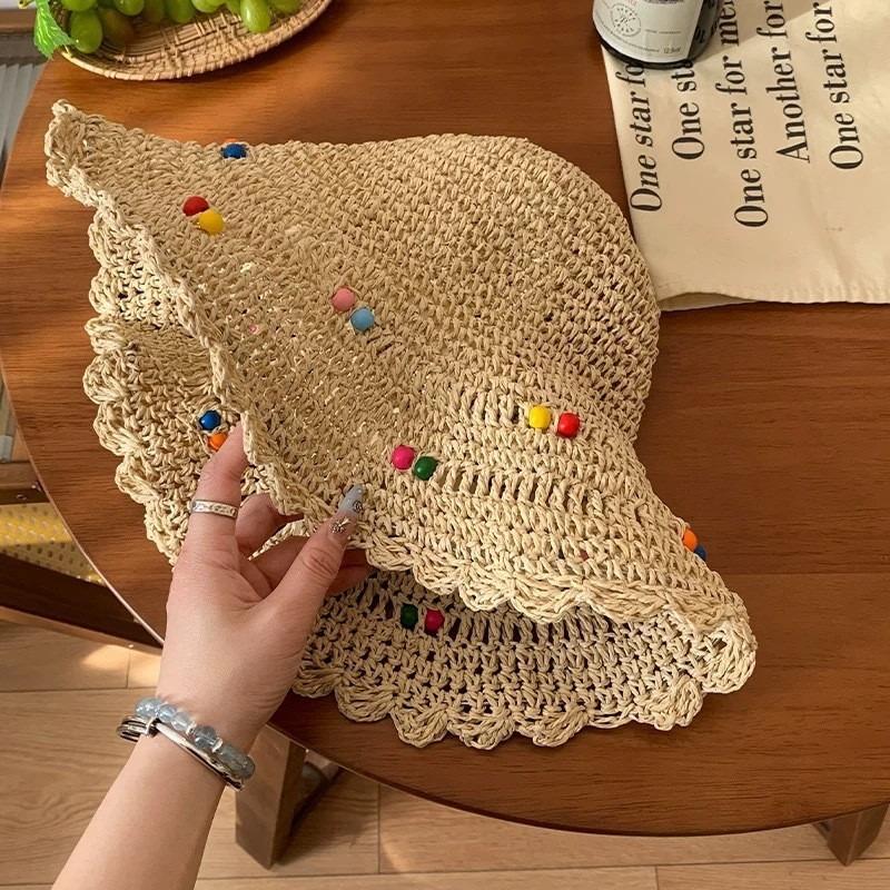 Hyunya Wind Colored Wood Beads Straw Hat Women's Summer Hollow Big Brim Sunshade Sunscreen Hat Foldable Fisherman Hat Tide