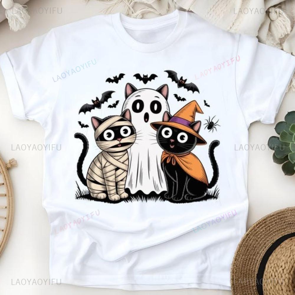 Black Cat Pumpkin TShirt Ghost Cat Halloween TShirt Retro Spooky Cat Tee Halloween 2025 Trendy Style Shirt Women Fashion Tops S