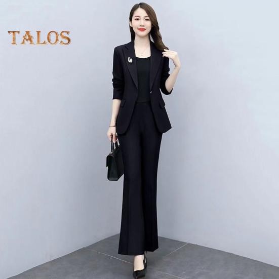 2 buc./set haină formală pentru damă, pantaloni, guler răsturnat, mâneci lungi, costum jachetă, slim fit, culoare pură, pantaloni evazați, îmbrăcăminte zilnică, ținută pentru navetă, birou