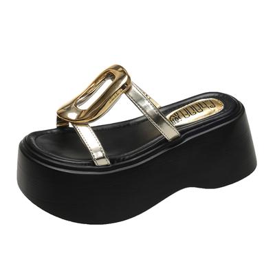 Mode 7,5CM Zomer Dikke Sandalen Dames Dikke Bodem Sleehakken Slippers Hoge Hakken Plateau Leer Casual Strand Teenslippers Vrouw