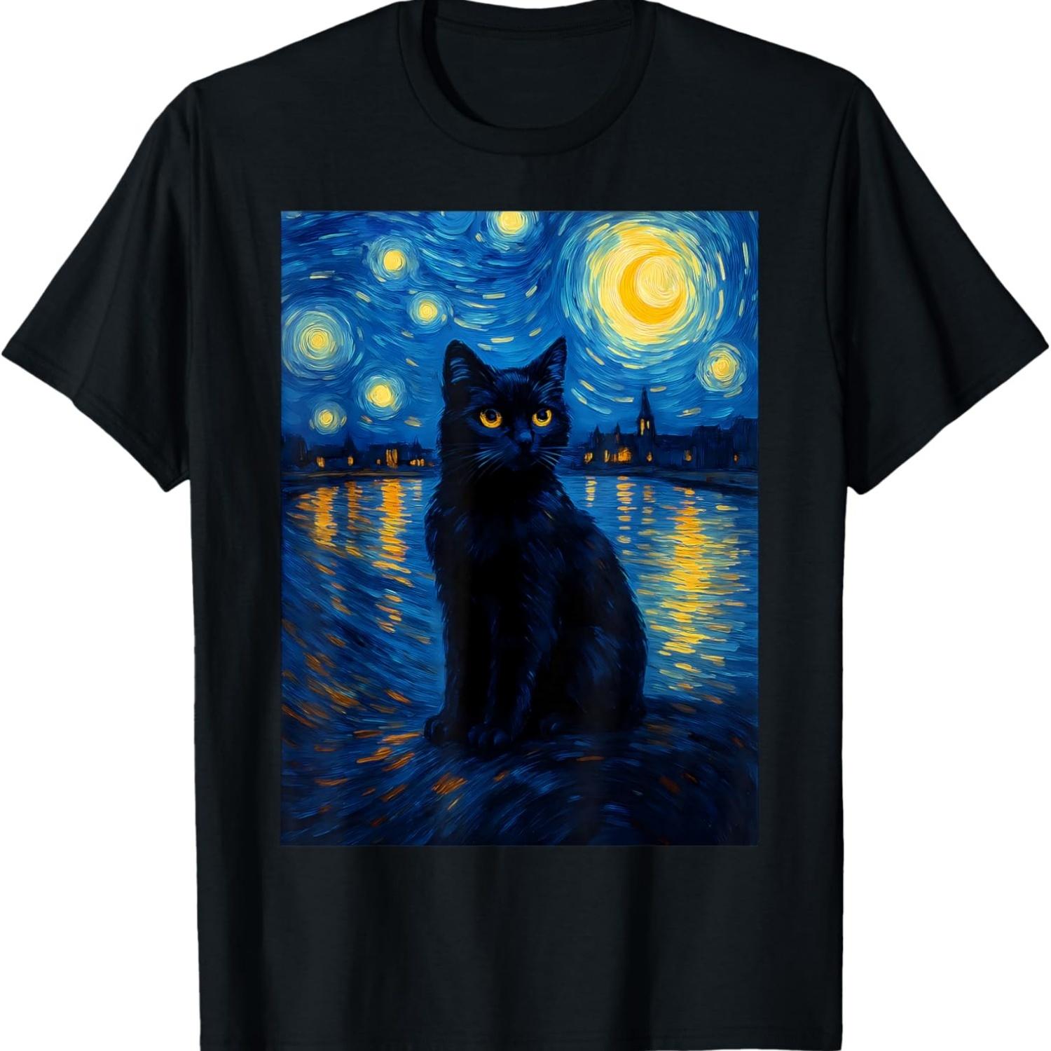 Black cat Painting art Starry Night kitty kitten Van Gogh T-Shirt S
