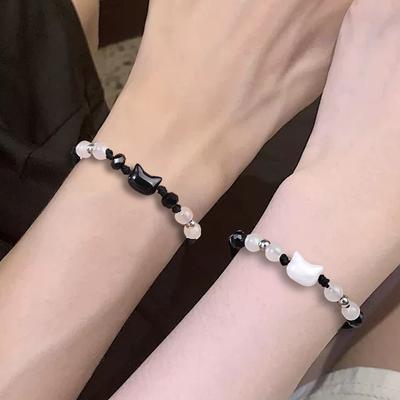 2pcs Bracelets Naturels Pierre de Lune Obsidienne Couple Minimaliste Bracelet Fait Main Mignon Chat Noir Blanc Bracelet Bijoux de Fête Cadeaux
