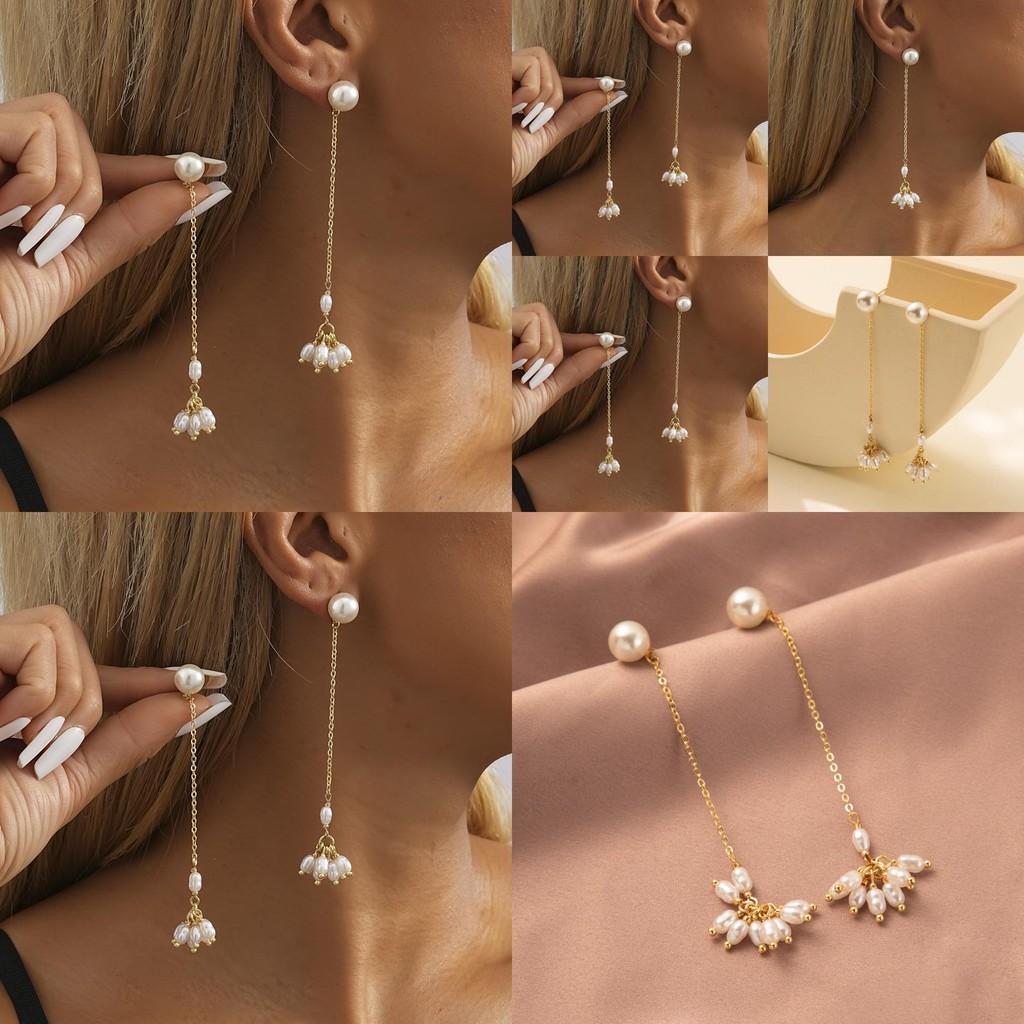 Trendy Geometric Pearl Earrings Classic Gold Long Tassel Chain Earrings For Women