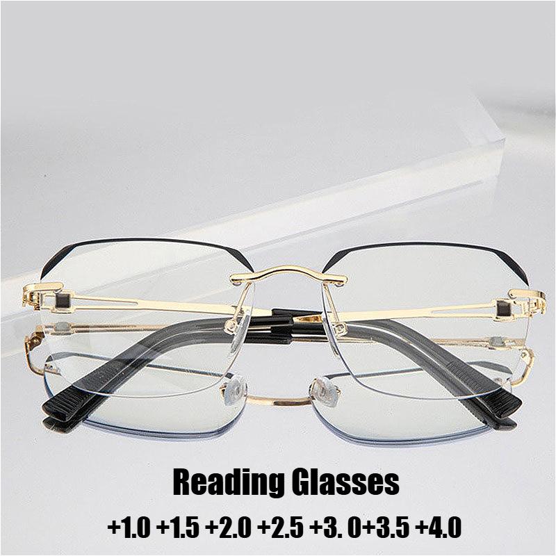 Fashion Business Reading Glasses Polygonal Rimless Farsighted Glasses Luxury High-definition Anti-blue Light Eyewear To +4.0