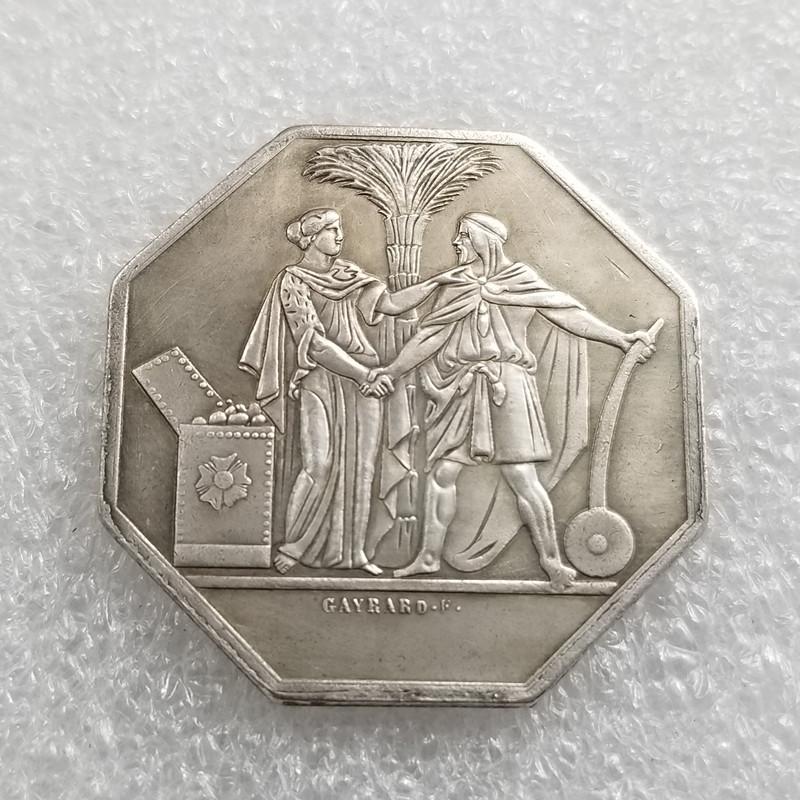Antique French Octagonal Coin Brass Silver-Plated Commemorative Medal H4698