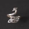 Vintage Silver Pleated Engraved Peacock Women Open Ring Finger Jewelry Gift
