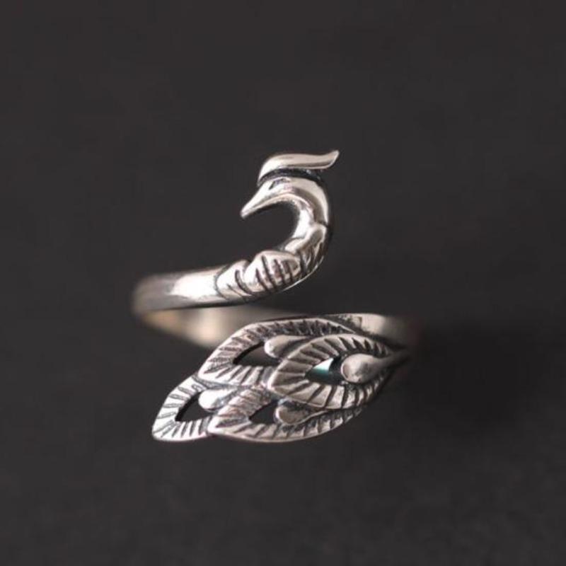 Vintage Silver Pleated Engraved Peacock Women Open Ring Finger Jewelry Gift