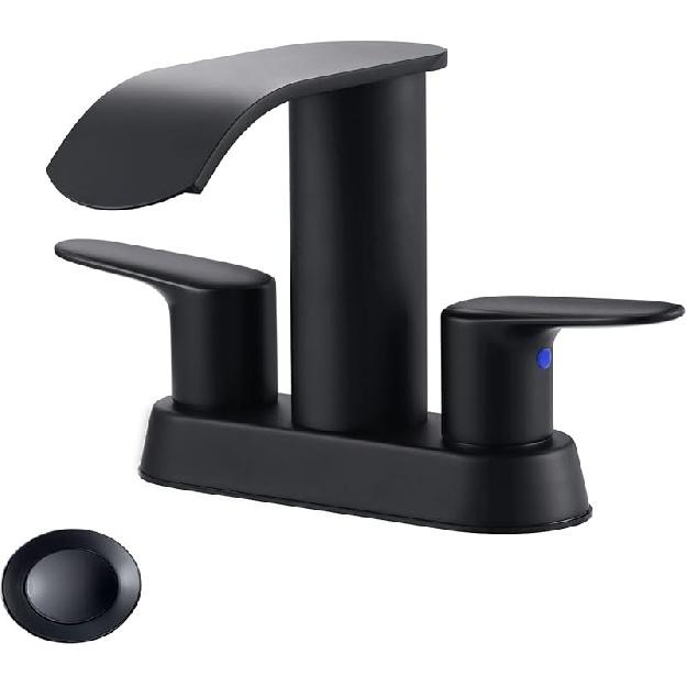 Waterfall Bathroom Faucet 4 Inch Centerset – WOWOW 2 Handle Matte Black Sink Faucet for 2 or 3 Hole Vanity, Modern Stainless Steel Zinc Alloy with