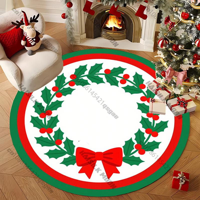 Christmas Cute Cartoon Santa Claus Wreath Printed Round Rug, Chair Carpet, Kids Playing Mat Living Room Bedroom Rug,Doormat Gift