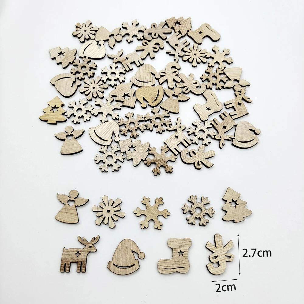 50Pcs Mixed Christmas Wood Chips Christmas Wooden Decoration Snowflake Chips Elk Xmax Tree Ornament Christmas Diy Craft Supplies