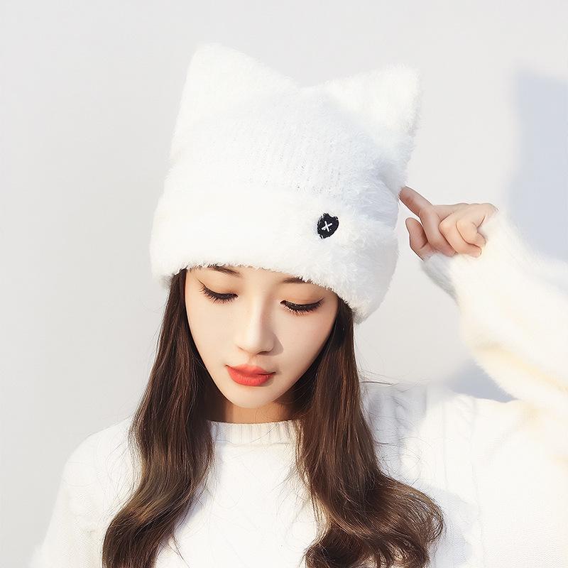 Sweet Cat Ear Knitted Hat: Autumn/Winter Warm, Cute Japanese Style with Heart Embroidery for Women