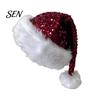 Santa Hat Christmas Sparkly for Women Men, Glitter Sequin with White Fluffy Trim Festive Costume Accessories Cosplay And Pom Pom, Holiday Party Bling
