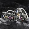 Wide Square Curved Open Hoop Earrings Mixed Marquise Round Multicolored CZ Oxidized Retro Filigree Inner Cutout Ladies Accessories