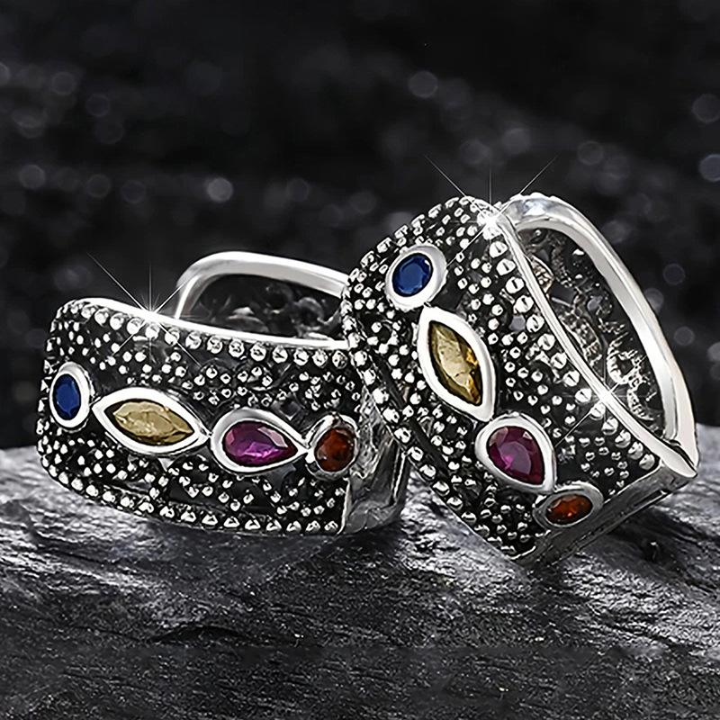 Wide Square Curved Open Hoop Earrings Mixed Marquise Round Multicolored CZ Oxidized Retro Filigree Inner Cutout Ladies Accessories