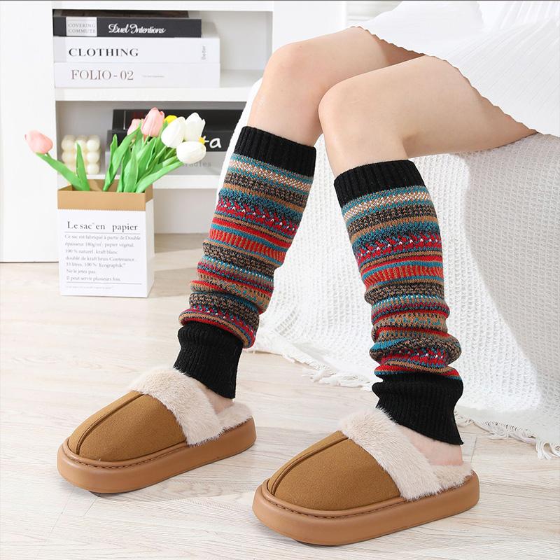 Camouflage Bohemian Style Yarn Warm Leg and Knee Pads European and American Autumn Winter Women Color Blocked Striped Pile Socks
