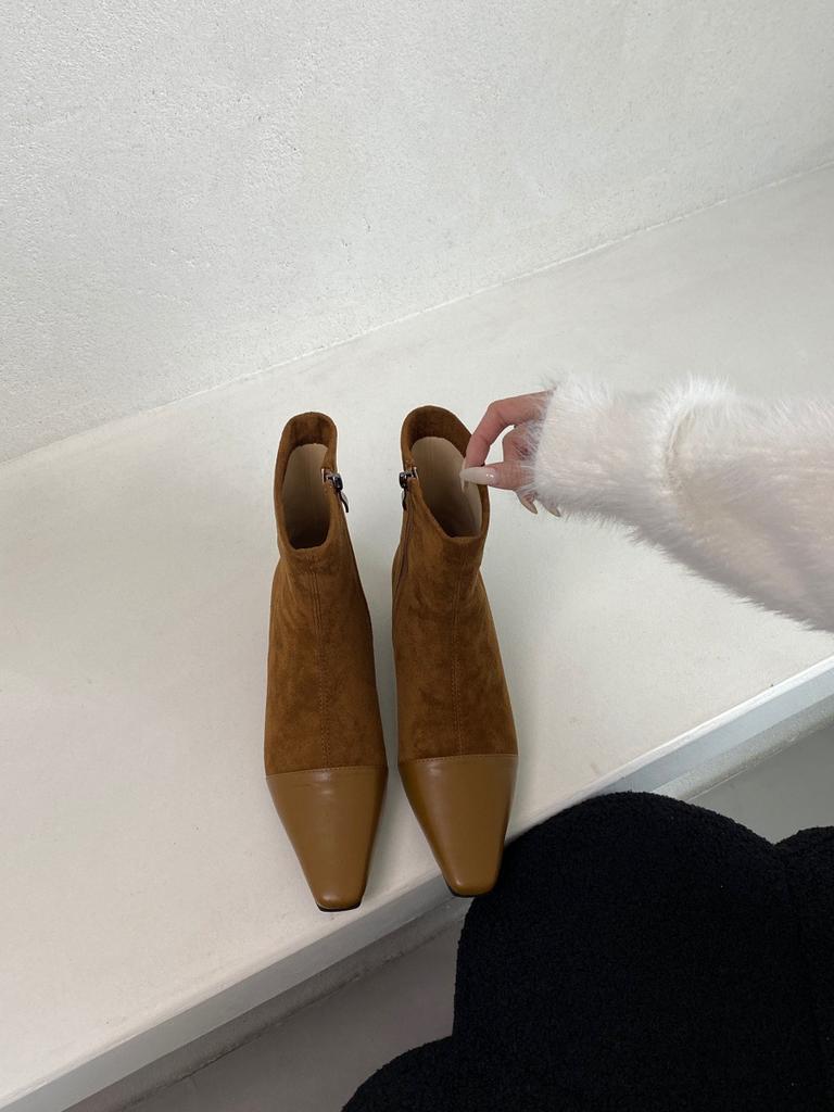 French splicing square head thick heel short boots women's 2025 autumn and winter new suede temperament medium heel thin boots socks boots women's