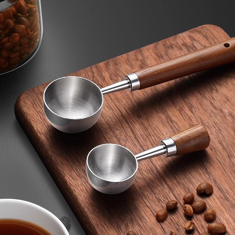 Accurate Measuring Spoon for Coffee Bean Features Comfortable Walnuts Wood Handle and Stainless Steel Construction