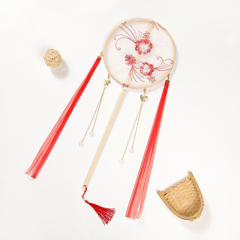 Children's Hanfu Catwalk Round Fan: Ancient Style Embroidered Long Handle Dance Fan with Ribbon