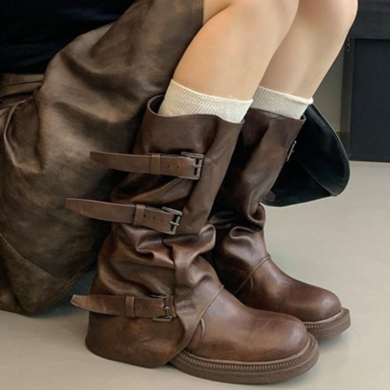 Belt Buckle Sleeve Boots Fashion Round Toe Waterproof Non-slip Block Heel Resistant Mid-leg Boots