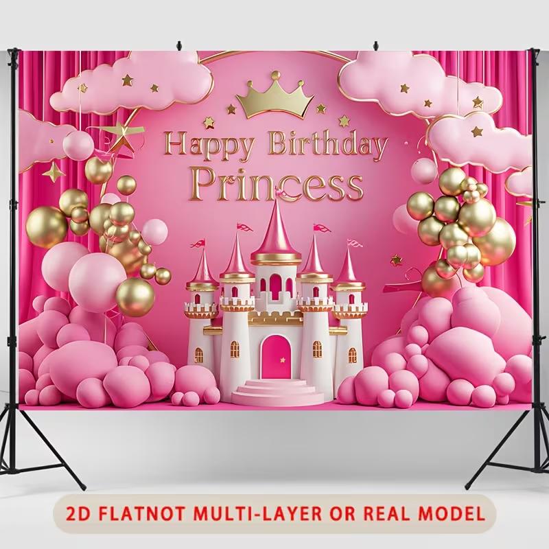 Sfondo Principessa Castello 2D Rosa e Oro per Festa di Compleanno Bambine Piccole