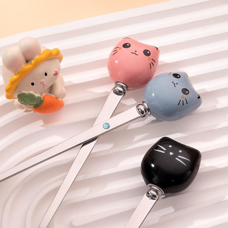 Coffee And Dessert Spoons Flatware Kitchen Tools Ice Cream Cartoon Stirring Spoon Stainless Steel Long Cat Handle Ceramic Spoon
