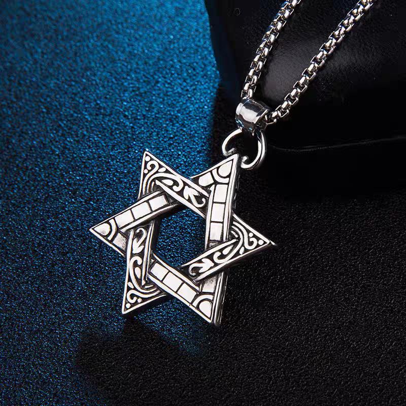 Double-sided Hexagram Pendant Male Necklace Student Couple Pendant Personalized Titanium Steel Pendant Sweater Chain Female