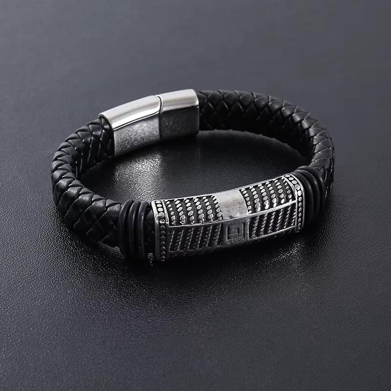 Punk Classic Gothic Vintage Leather Braided Stainless Steel Fashion Jewelry Bracelets for Men Magnetic Clasp  Gift