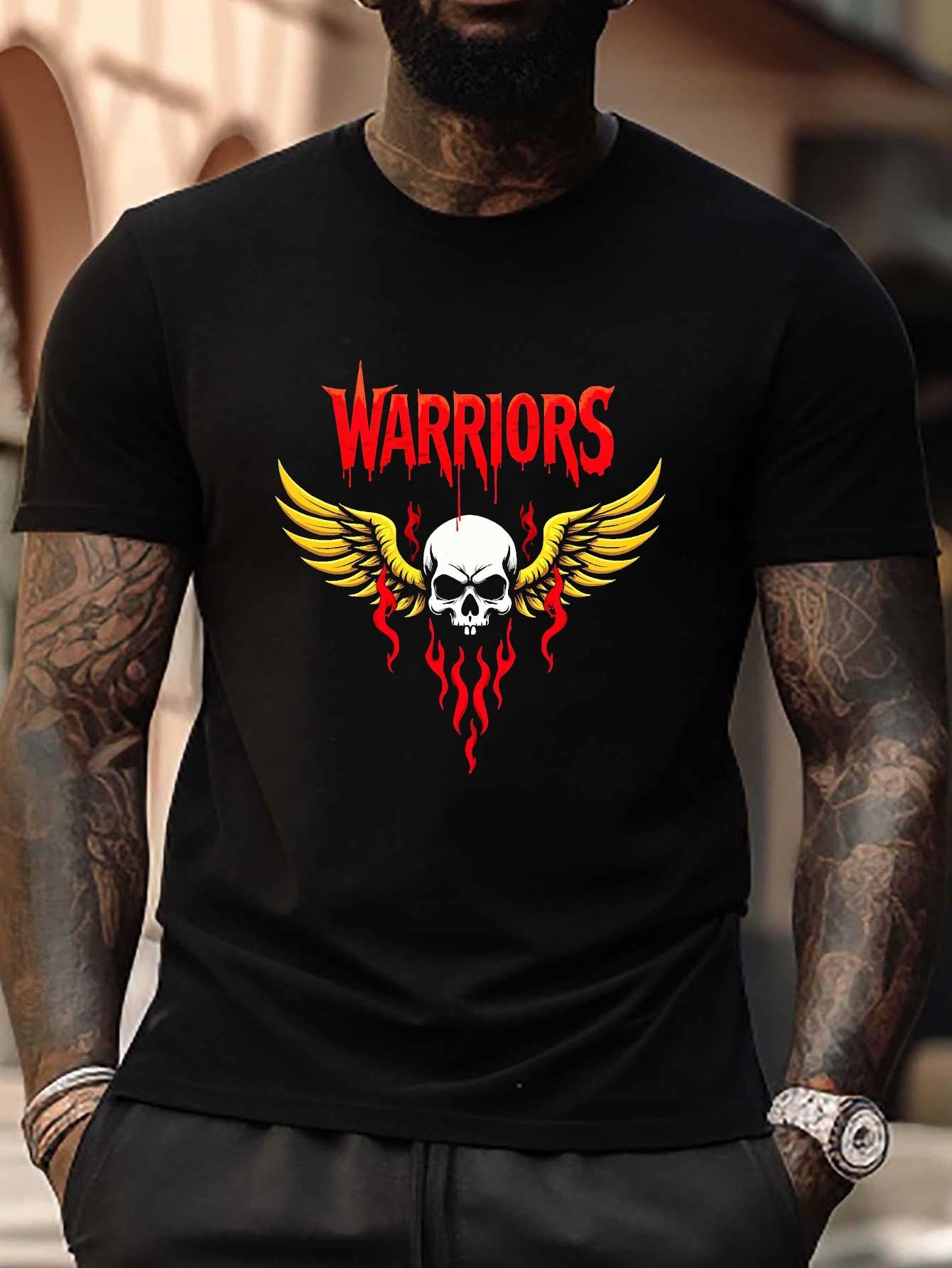 Warriors Skull Flames Wings Graphic T-shirt - Plus Size Bold Red & Yellow Design S