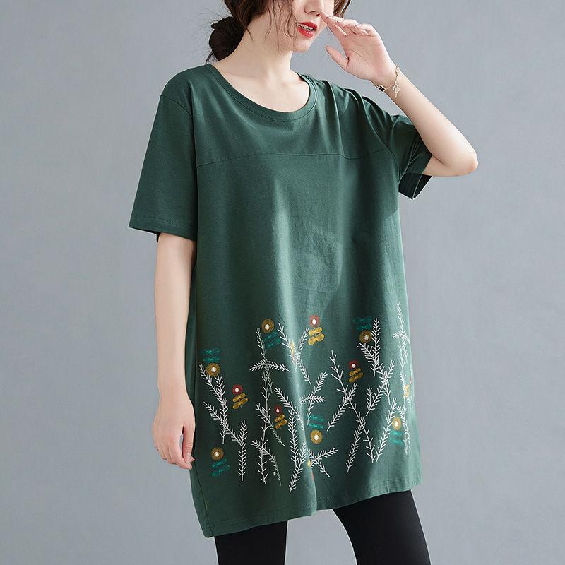 Große Größen Damen Mittellang bis lang Sommer Kurzarm T-Shirt Lockeres Oberteil