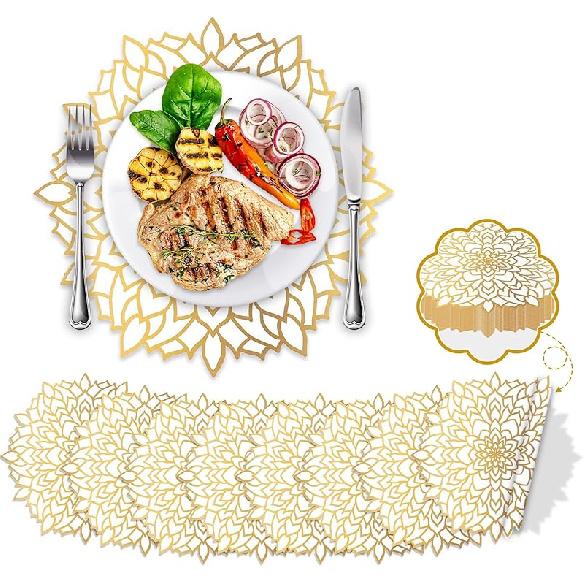 100PCS Disposable Gold White Metallic Round Paper PlaceMats Round Floral Charger Table Mat Table Setting Mat Pressed Paper Round Place Mats for золотой