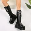 Women'S Cool Retro Punk Boots: Chunky Wedges, Metal Design, Lace Up Pu Leather - High Quality Outdoor Shoes 35-43