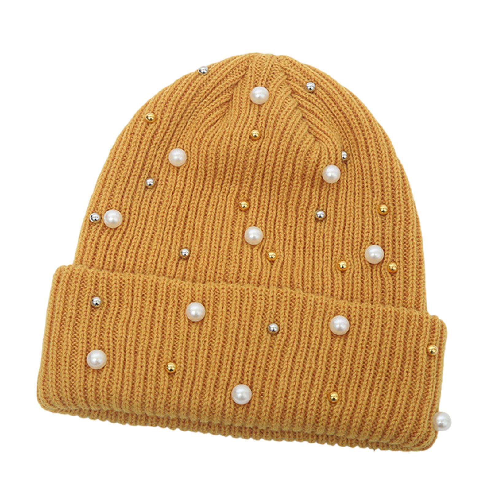 

Мягкая вязаная шапка, украшенная жемчугом, теплая унисекс зимняя шапка, головной убор для улицы для активного отдыха и неформальных встреч жёлтый